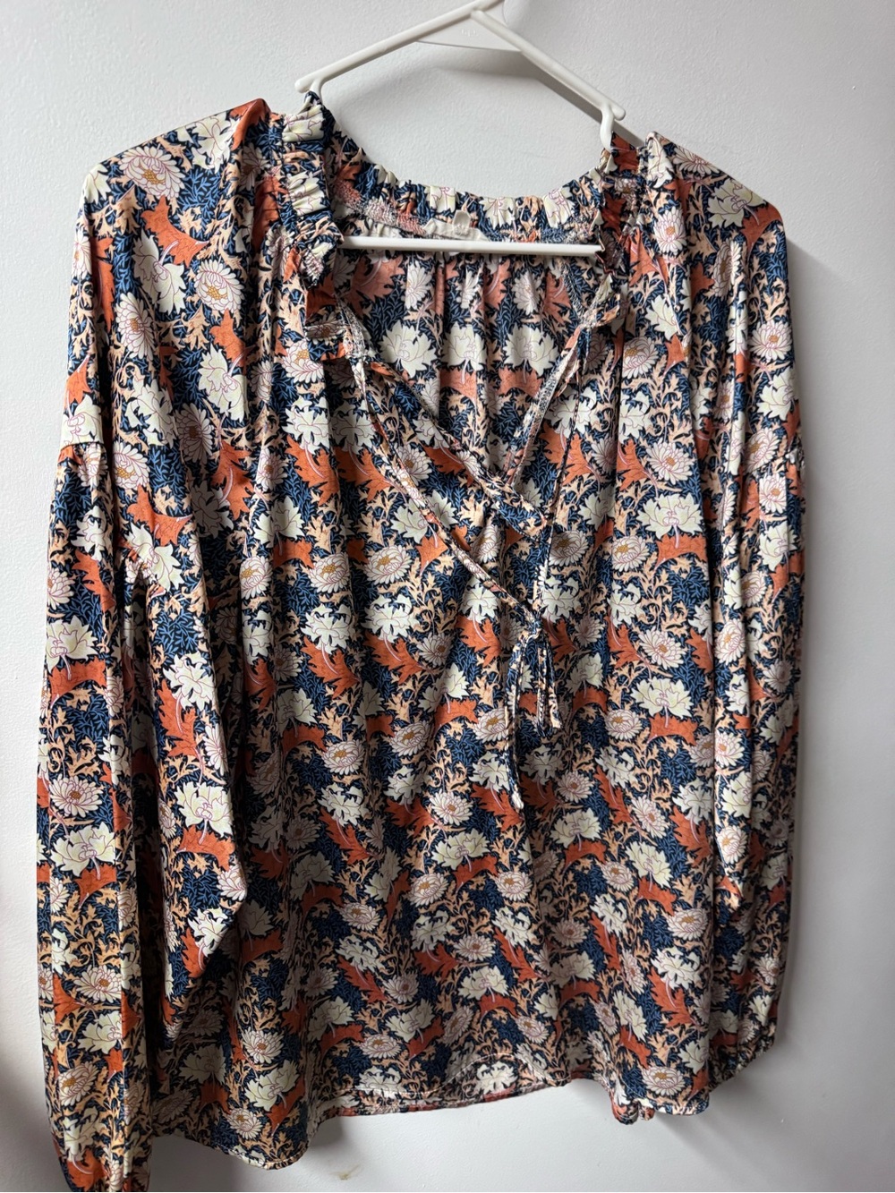 JODIFL Floral Tie-Front Ruffle Blouse - Cream, Navy & Rust